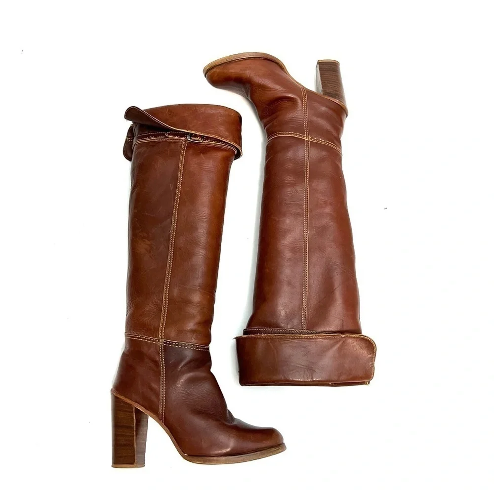 ZODIAC | Vintage 1970s brown leather over the knee logo fabric heeled boots